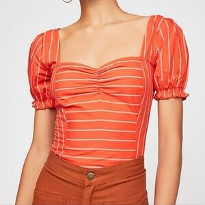 Free People Smocked Back Puff Sleeve Crop Top Orange Stripe 100% Cotton Size XS
